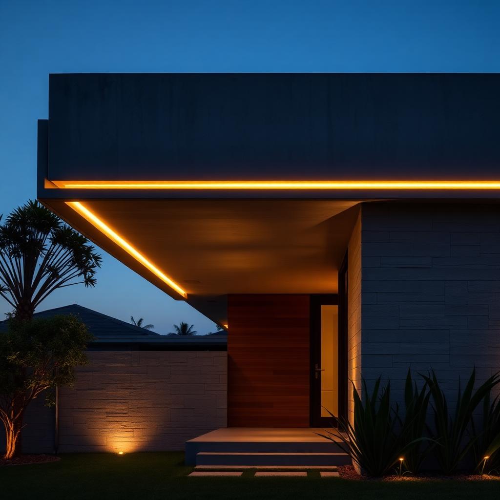 Modern luxury estate illuminated with warm architectural lighting at dusk